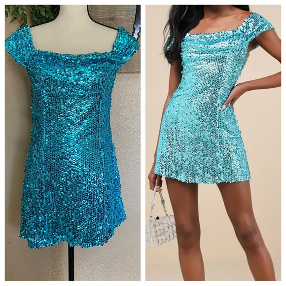 Lulus Dresses & Skirts - NWOT Lulus Glittering Nights Aqua Blue Sequin Off-the-Shoulder Mini Dress